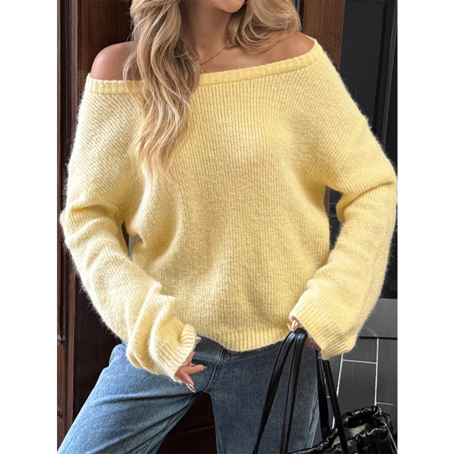 One Shoulder Ribbed Knit Sweater Pastel Yellow / S Apparel and Accessories