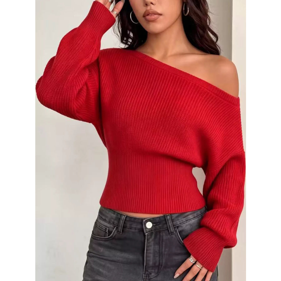 One Shoulder Ribbed Knit Sweater Red / S Apparel and Accessories