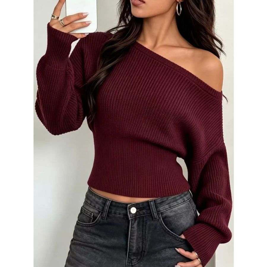 One Shoulder Ribbed Knit Sweater Wine Red / S Apparel and Accessories