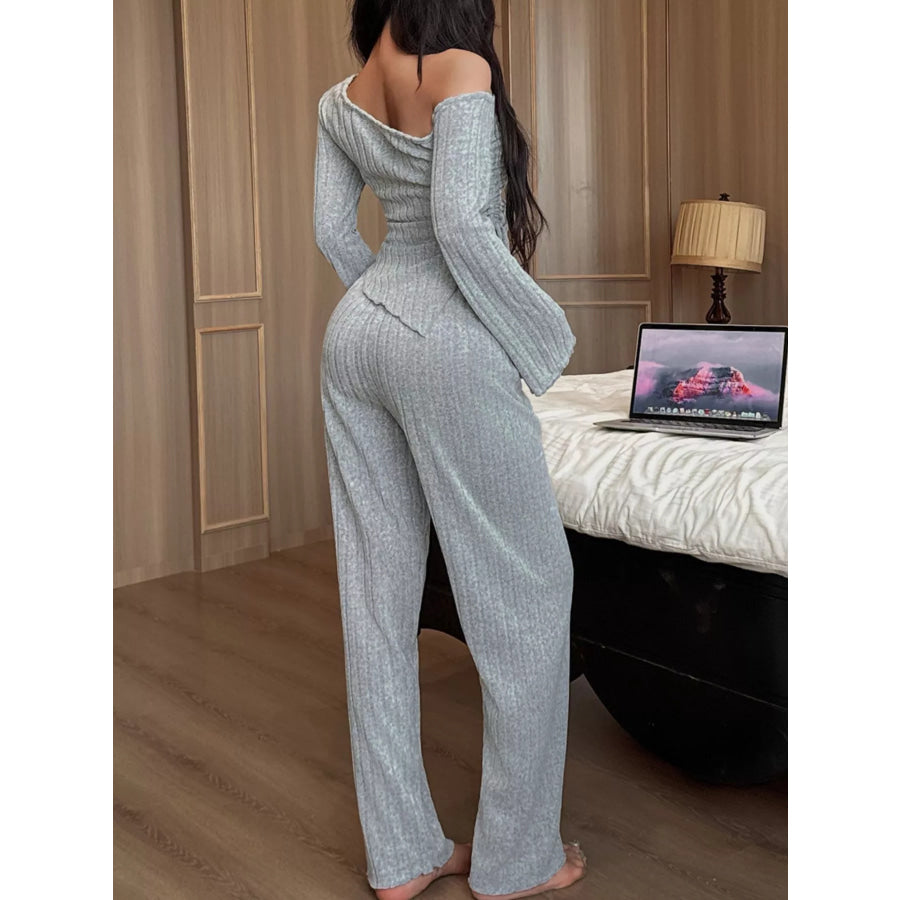 One-Shoulder Ribbed Knit Top and Pants Set Apparel Accessories