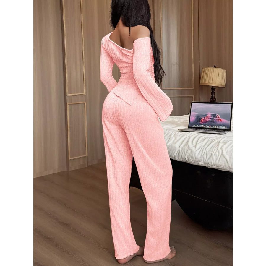 One-Shoulder Ribbed Knit Top and Pants Set Apparel Accessories