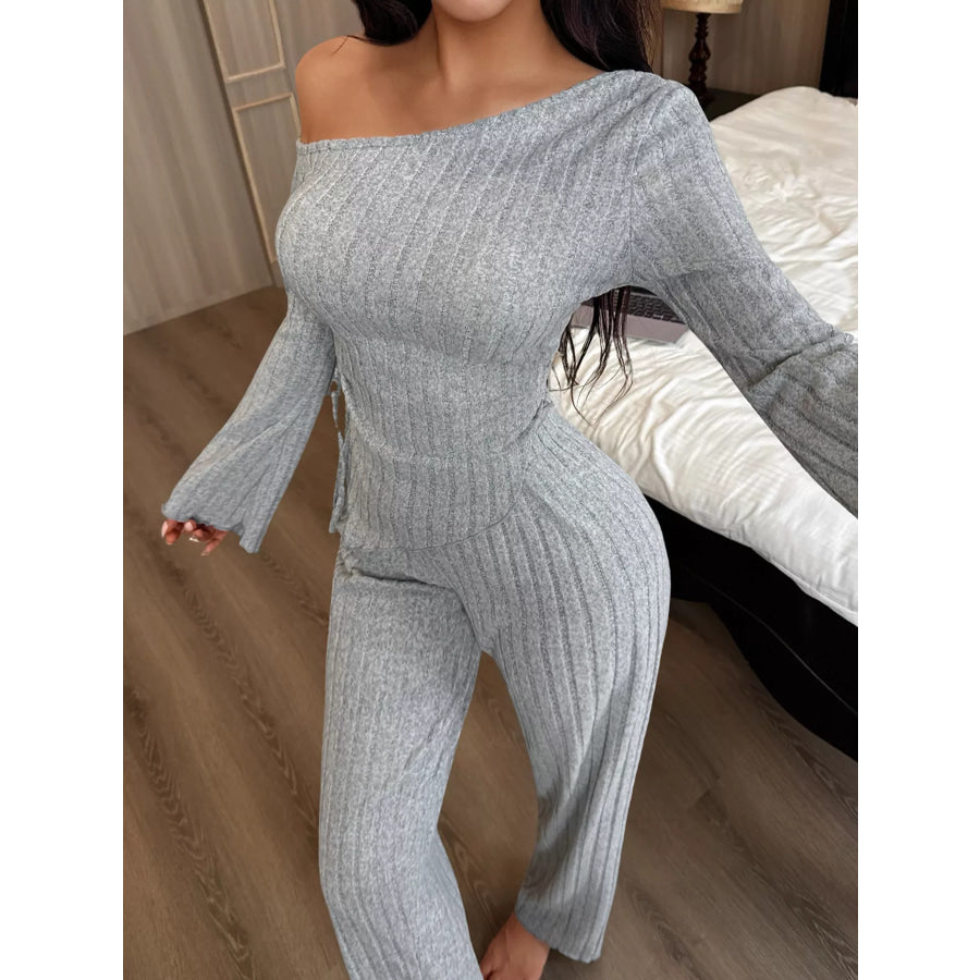 One-Shoulder Ribbed Knit Top and Pants Set Apparel Accessories