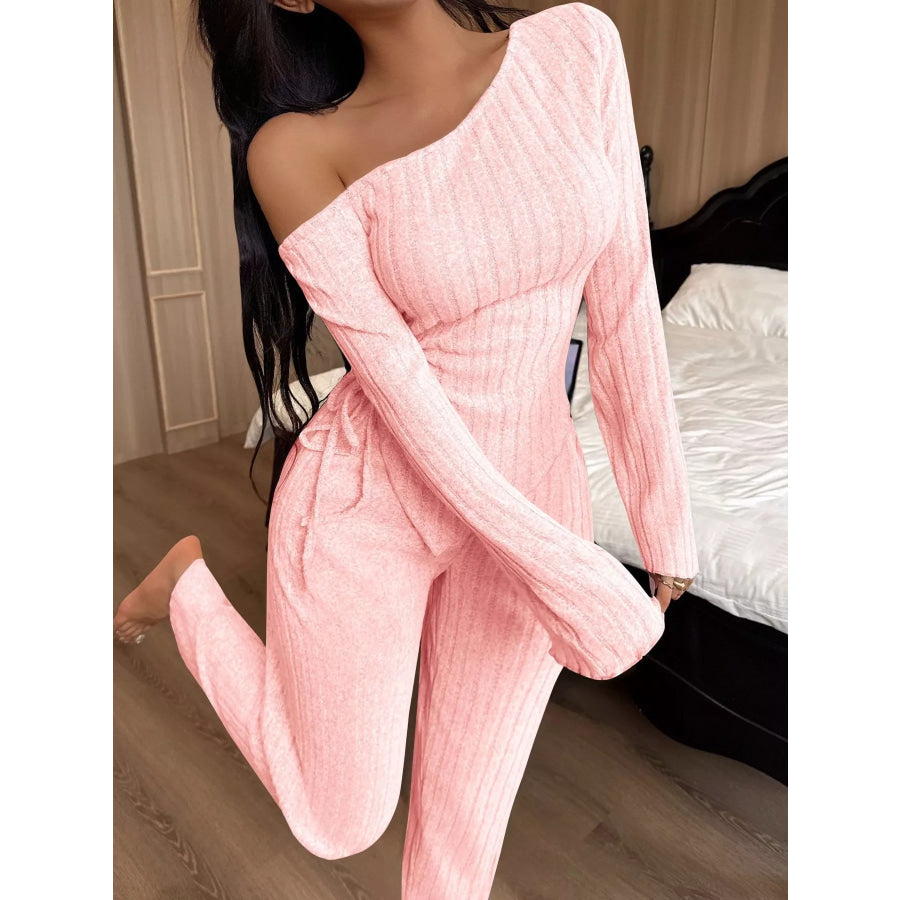 One-Shoulder Ribbed Knit Top and Pants Set Apparel Accessories