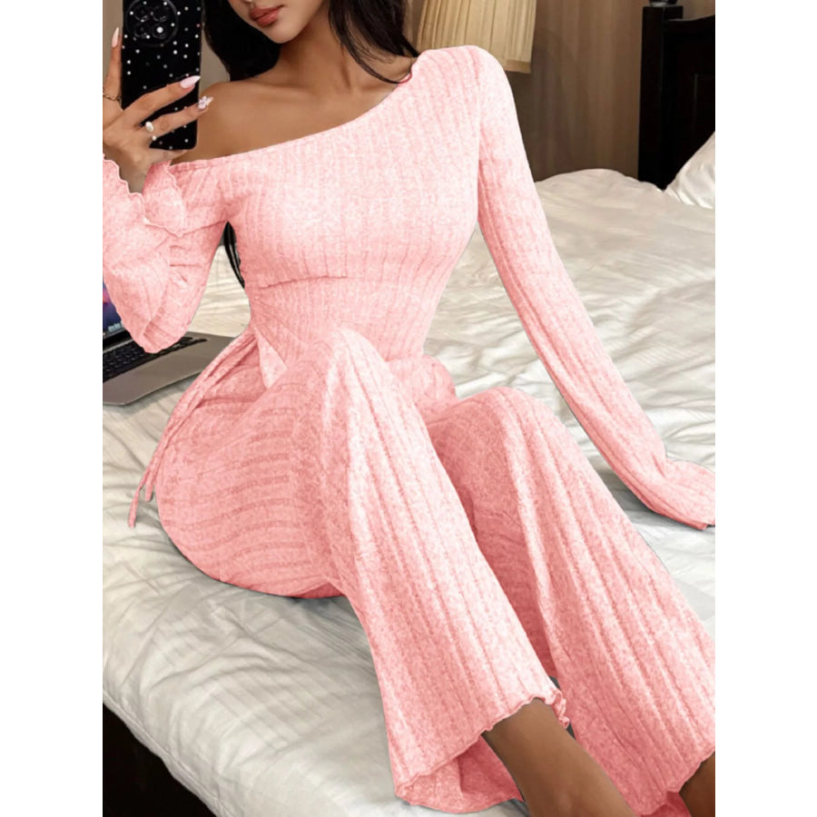 One-Shoulder Ribbed Knit Top and Pants Set Apparel Accessories