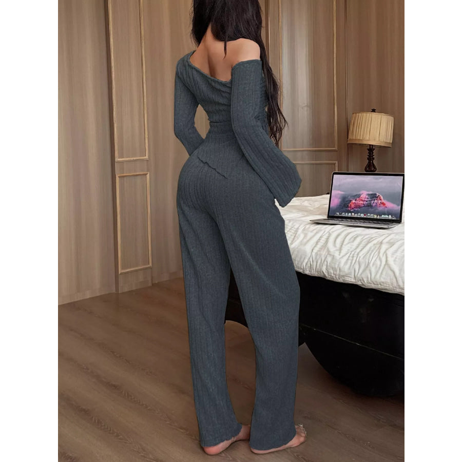 One-Shoulder Ribbed Knit Top and Pants Set Apparel Accessories