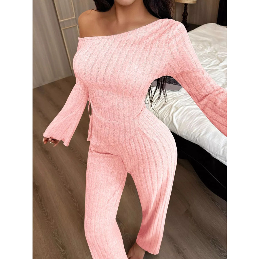 One-Shoulder Ribbed Knit Top and Pants Set Apparel Accessories