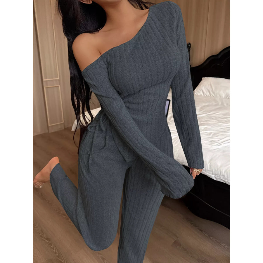 One-Shoulder Ribbed Knit Top and Pants Set Apparel Accessories