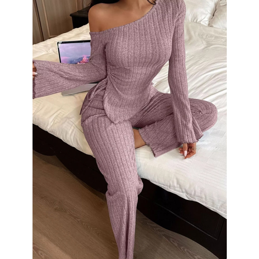 One-Shoulder Ribbed Knit Top and Pants Set Apparel Accessories