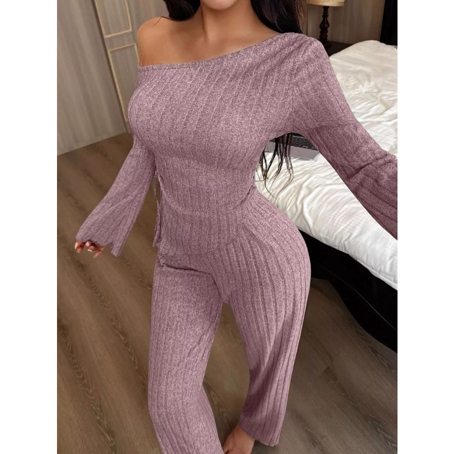 One-Shoulder Ribbed Knit Top and Pants Set Apparel Accessories