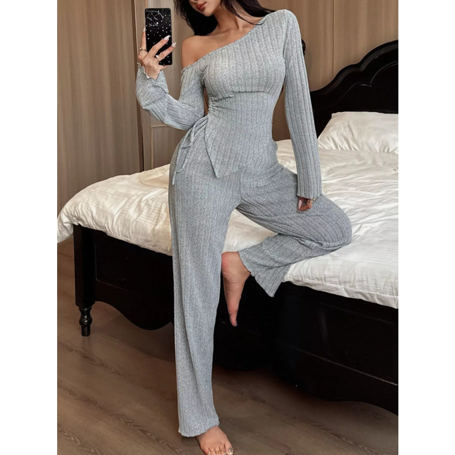 One-Shoulder Ribbed Knit Top and Pants Set Apparel Accessories