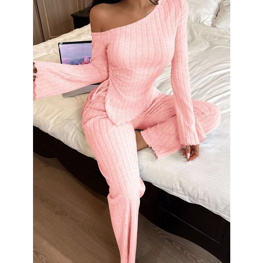 One-Shoulder Ribbed Knit Top and Pants Set Apparel Accessories