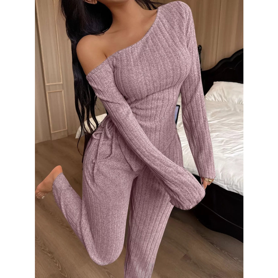 One-Shoulder Ribbed Knit Top and Pants Set Dark Powder / S Apparel Accessories