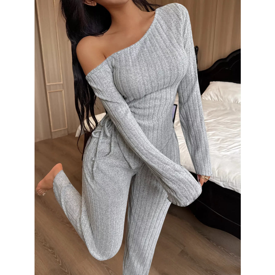 One-Shoulder Ribbed Knit Top and Pants Set Light Gray / S Apparel Accessories