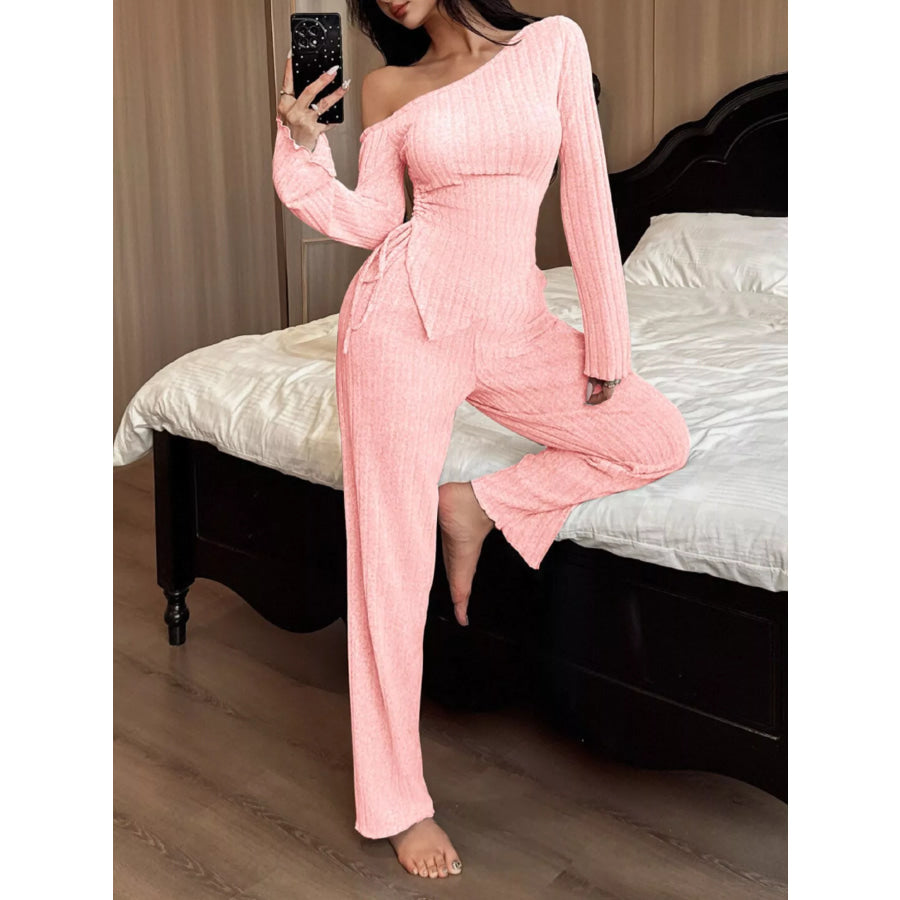One-Shoulder Ribbed Knit Top and Pants Set Pink / S Apparel Accessories