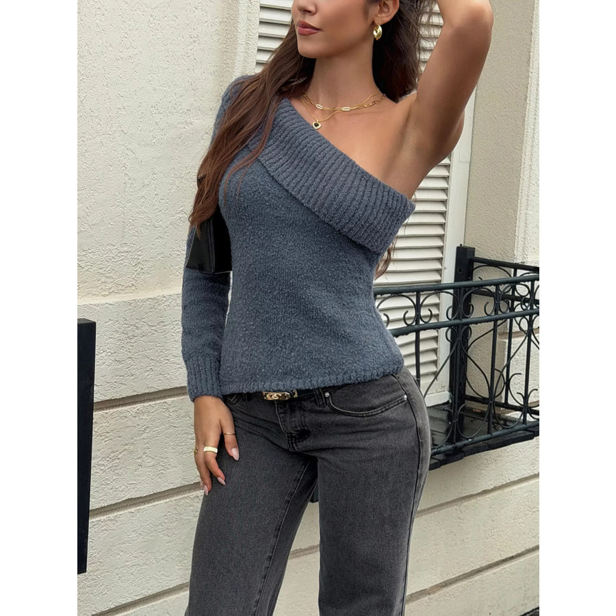 One-Shoulder Ribbed Trim Fuzzy Sweater Apparel and Accessories