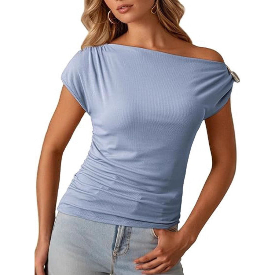 One-Shoulder Ruched Blouse Sky Blue / S Apparel and Accessories