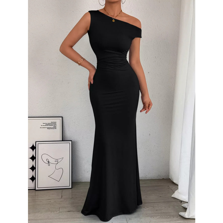 One-Shoulder Ruched Bodycon Maxi Dress Black / XS Apparel and Accessories