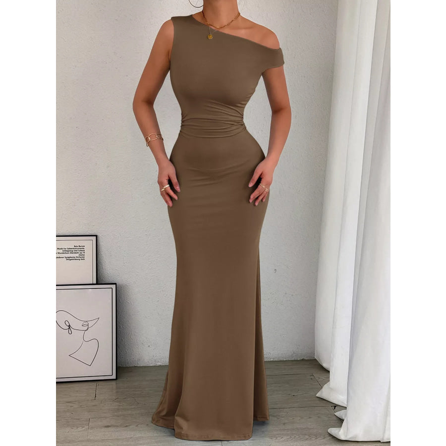 One-Shoulder Ruched Bodycon Maxi Dress Brown / XS Apparel and Accessories