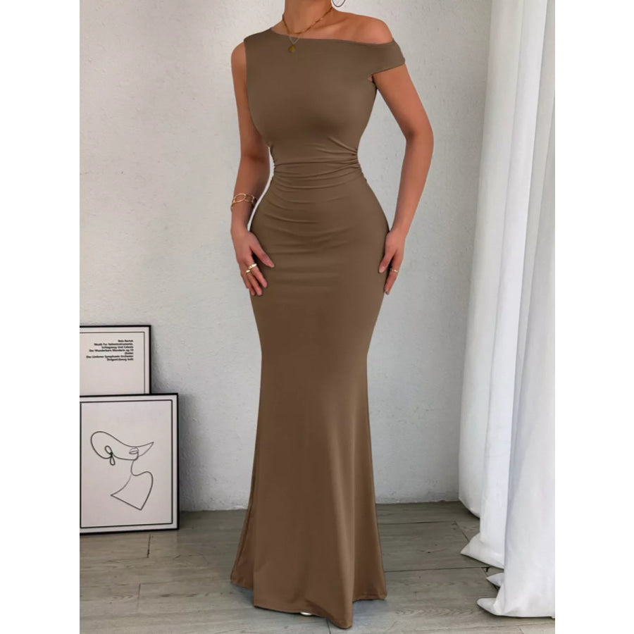 One-Shoulder Ruched Bodycon Maxi Dress Brown / XS Apparel and Accessories
