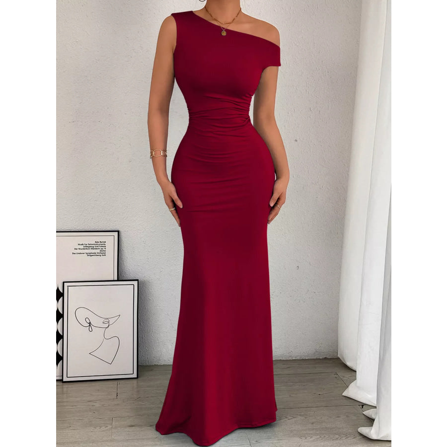 One-Shoulder Ruched Bodycon Maxi Dress Burgundy / XS Apparel and Accessories