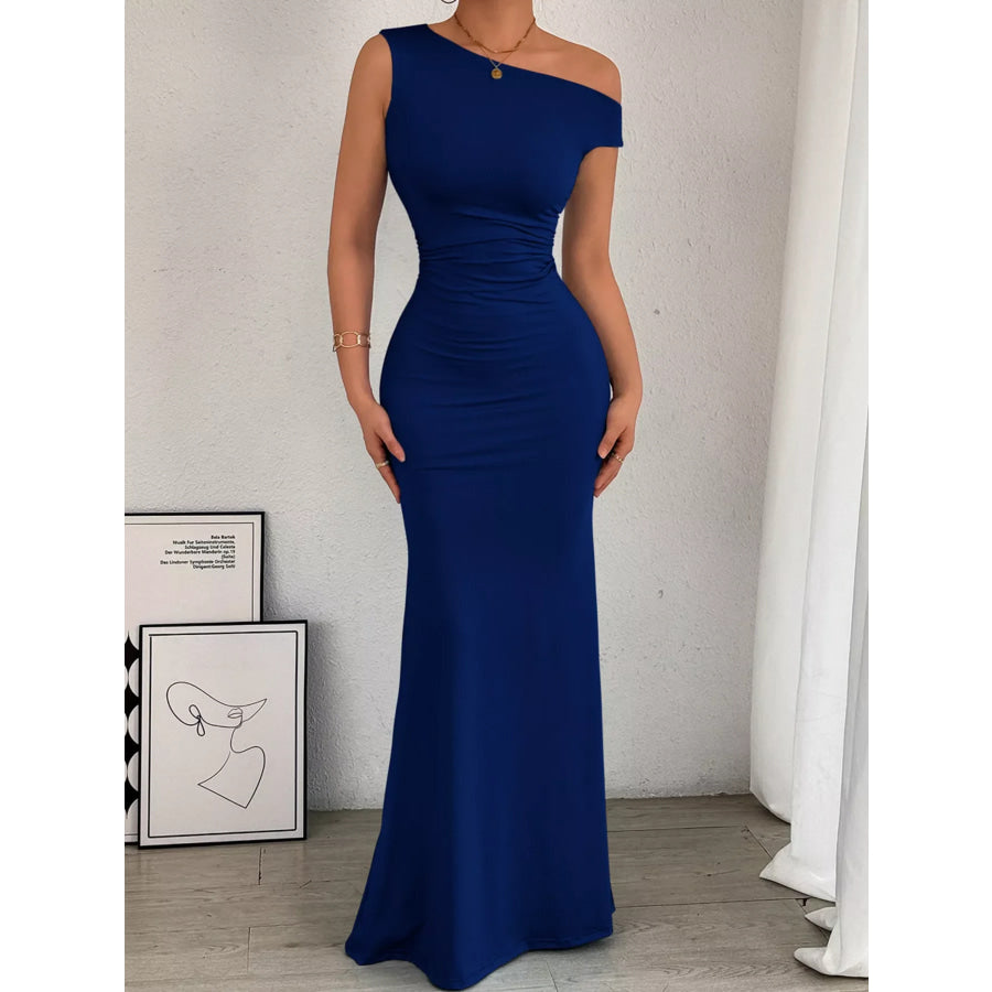 One-Shoulder Ruched Bodycon Maxi Dress Navy / XS Apparel and Accessories