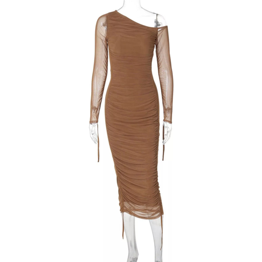 One-Shoulder Ruched Bodycon Midi Dress Apparel and Accessories