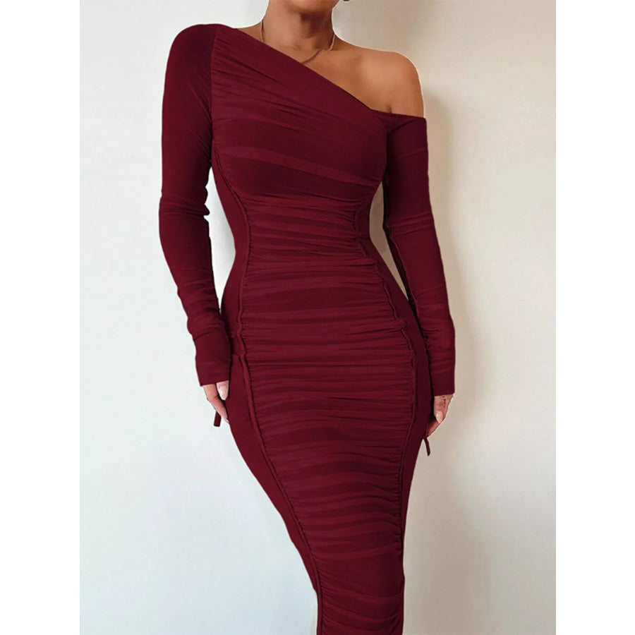 One-Shoulder Ruched Bodycon Midi Dress Apparel and Accessories