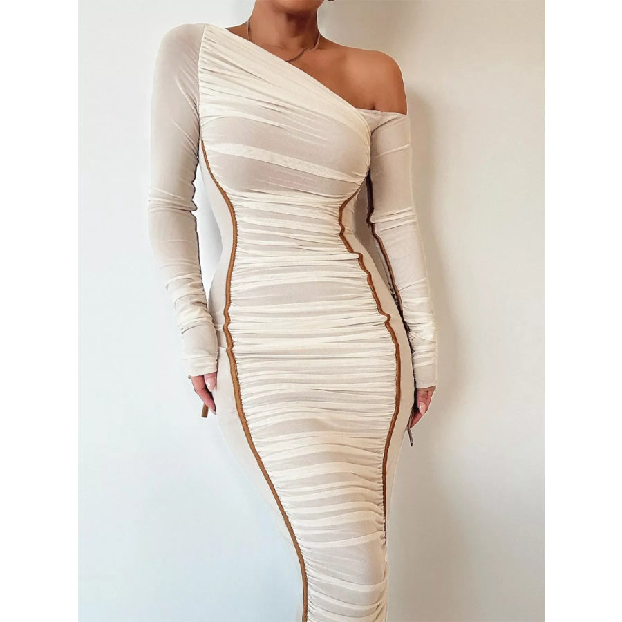 One-Shoulder Ruched Bodycon Midi Dress Apricot / XS Apparel and Accessories