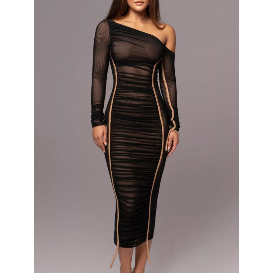 One-Shoulder Ruched Bodycon Midi Dress Black / XS Apparel and Accessories