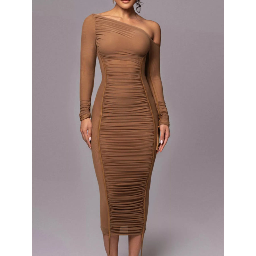 One-Shoulder Ruched Bodycon Midi Dress Brown / XS Apparel and Accessories