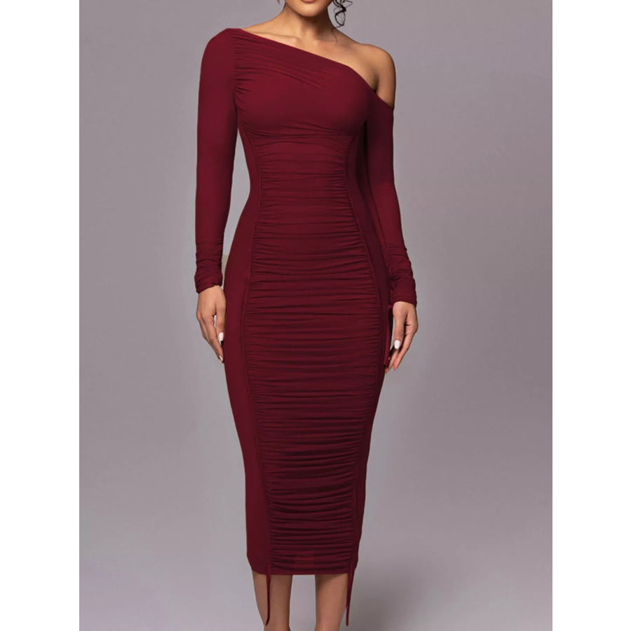 One-Shoulder Ruched Bodycon Midi Dress Wine Red / XS Apparel and Accessories