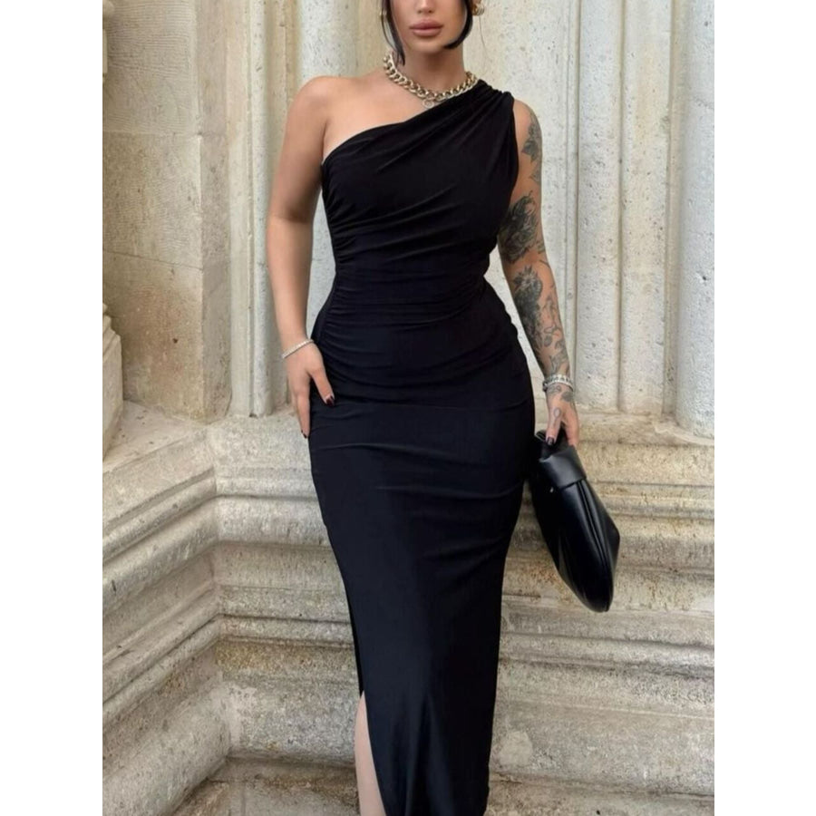 One-Shoulder Ruched Bodycon Slit Dress Apparel and Accessories