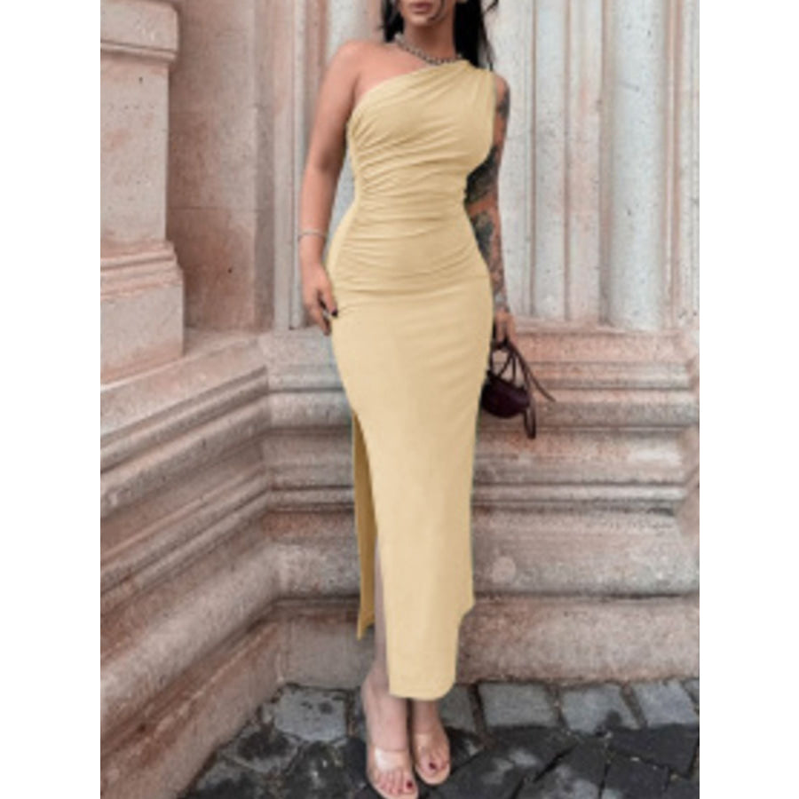 One-Shoulder Ruched Bodycon Slit Dress Apricot / S Apparel and Accessories