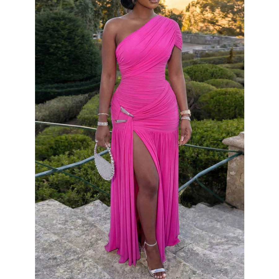 One-Shoulder Ruched High-Slit Evening Dress Hot Pink / S Apparel and Accessories