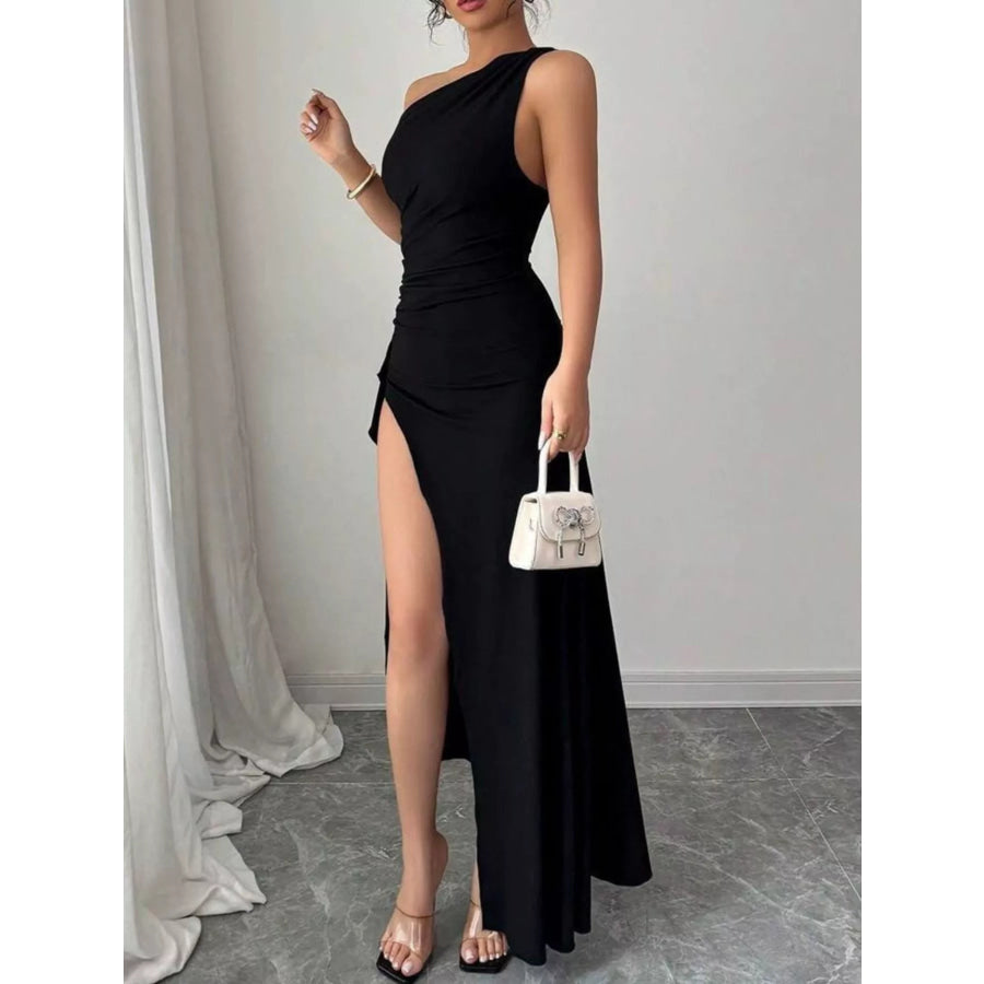 One-Shoulder Ruched High-Slit Maxi Dress Black / S Apparel and Accessories