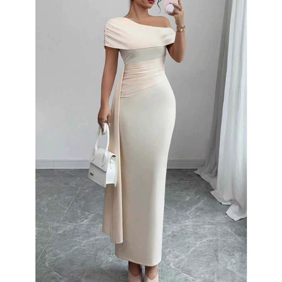 One-Shoulder Ruched Maxi Dress Apricot / S Apparel and Accessories