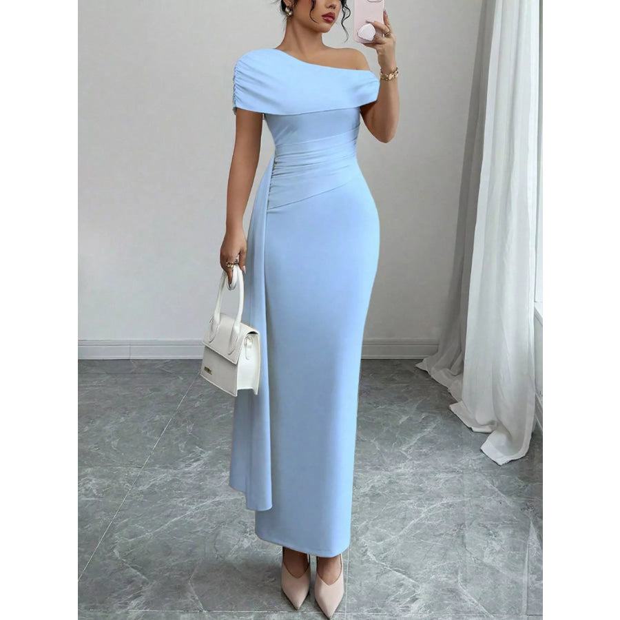 One-Shoulder Ruched Maxi Dress Blue / S Apparel and Accessories