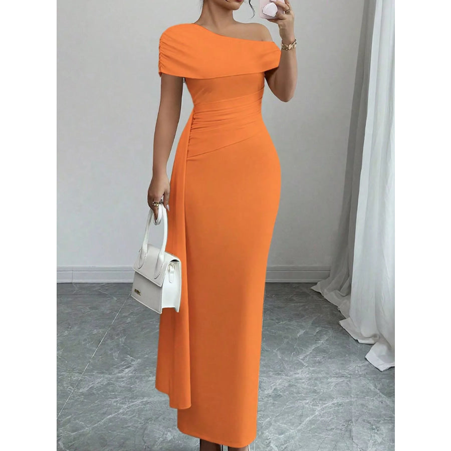 One-Shoulder Ruched Maxi Dress Orange / S Apparel and Accessories