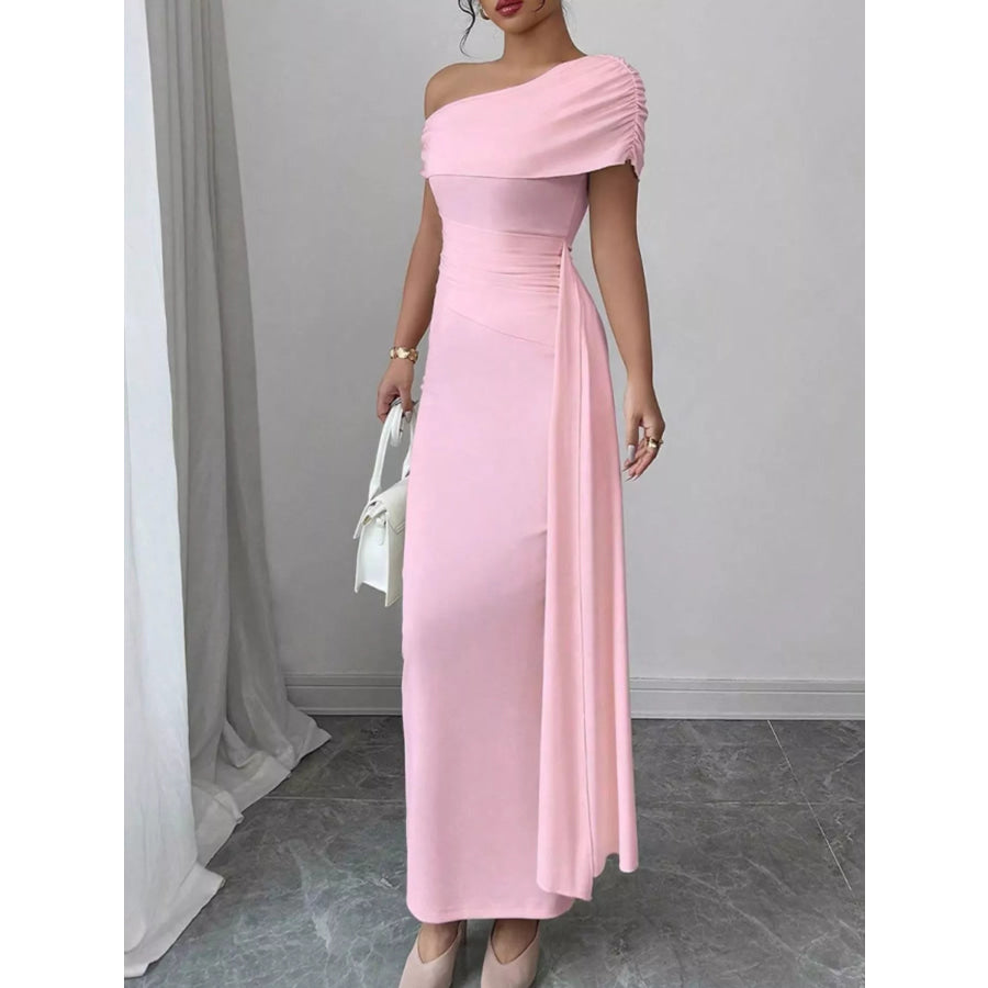One-Shoulder Ruched Maxi Dress Pink / S Apparel and Accessories