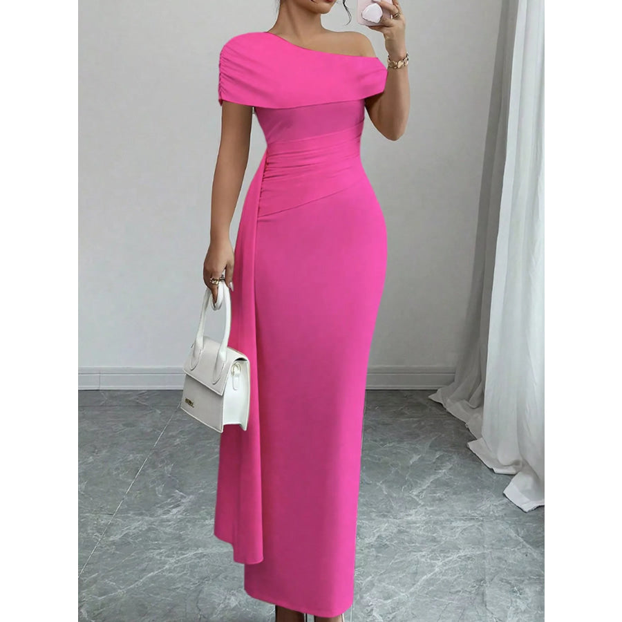 One-Shoulder Ruched Maxi Dress Rose Red / S Apparel and Accessories