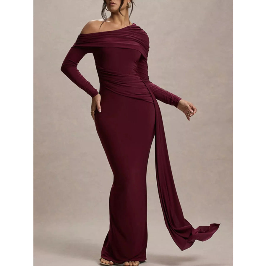 One-Shoulder Ruched Maxi Dress Wine Red / S Apparel and Accessories
