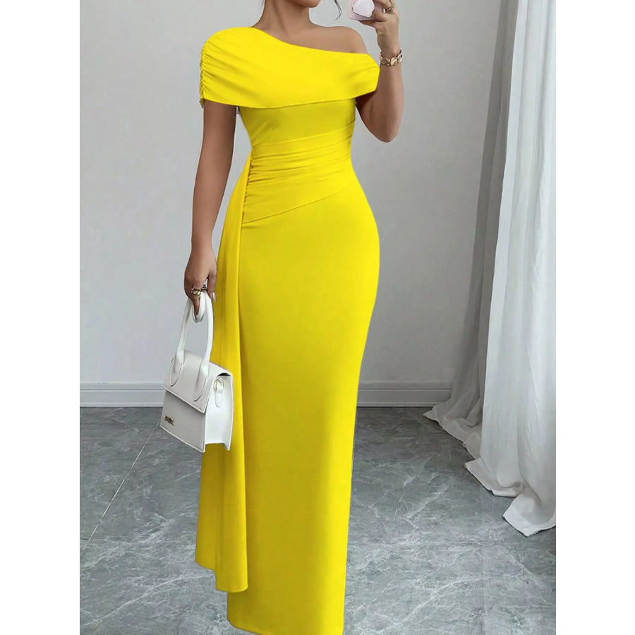 One-Shoulder Ruched Maxi Dress Yellow / S Apparel and Accessories