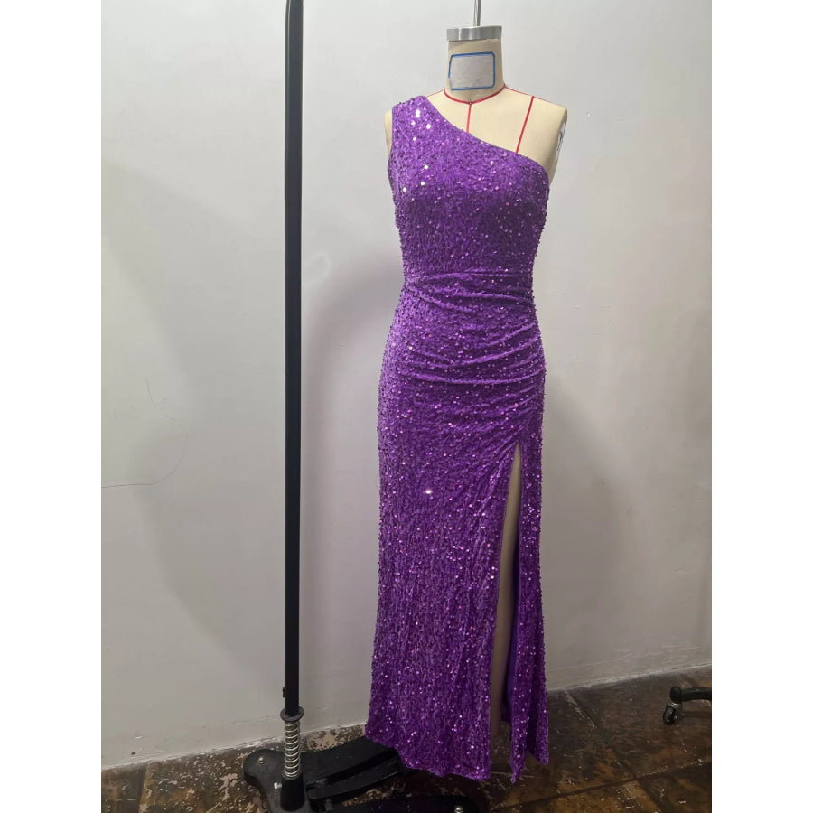 One-Shoulder Ruched Sequin High-Slit Evening Dress Apparel and Accessories