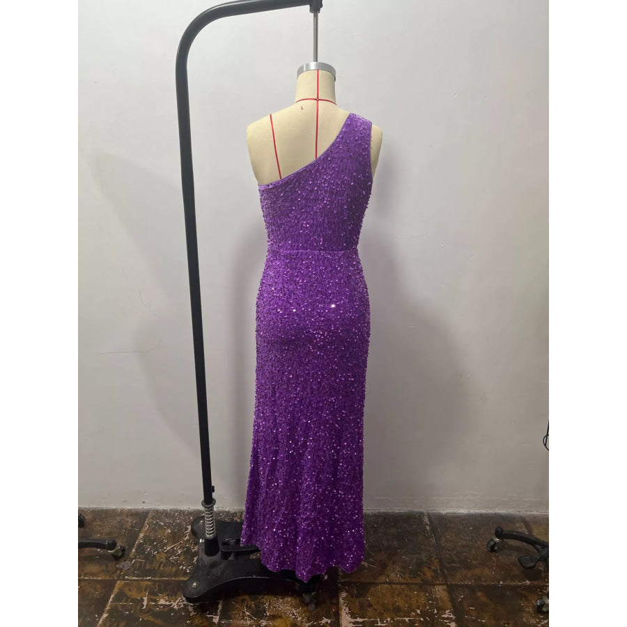 One-Shoulder Ruched Sequin High-Slit Evening Dress Apparel and Accessories