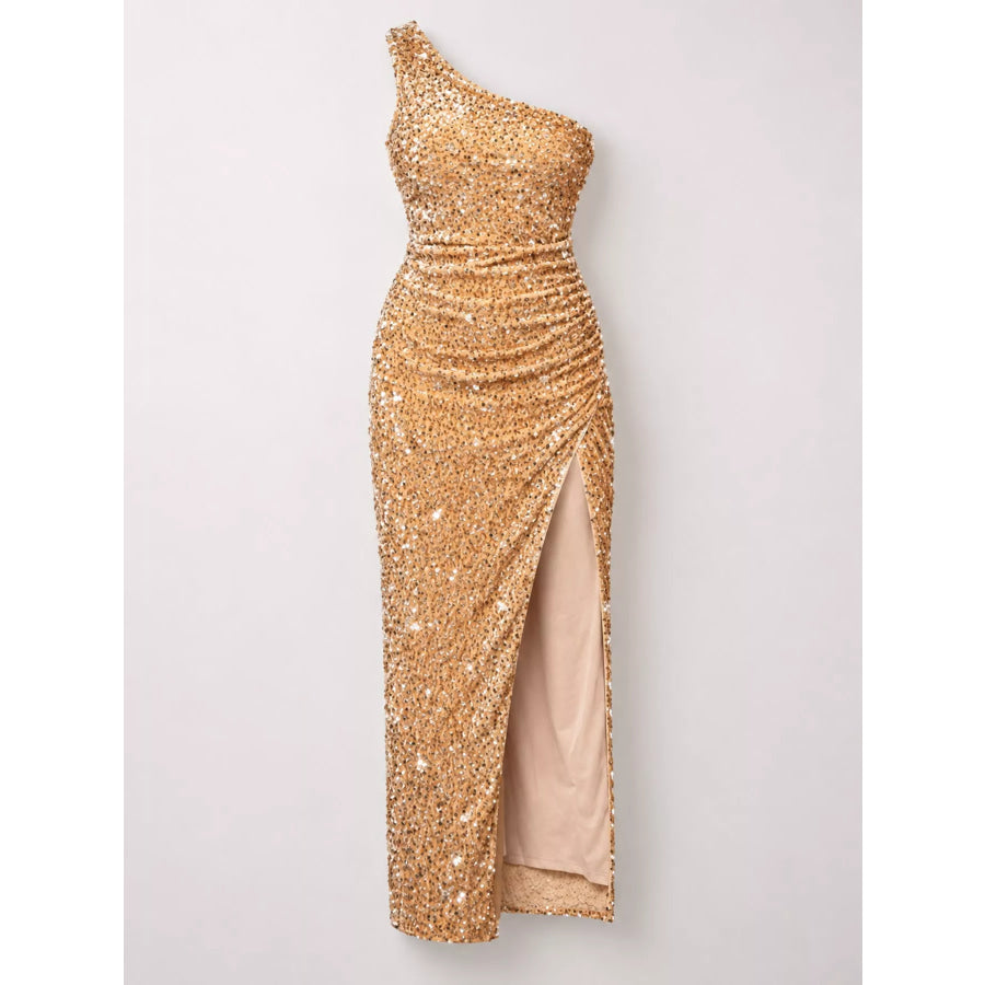 One-Shoulder Ruched Sequin High-Slit Evening Dress Apparel and Accessories