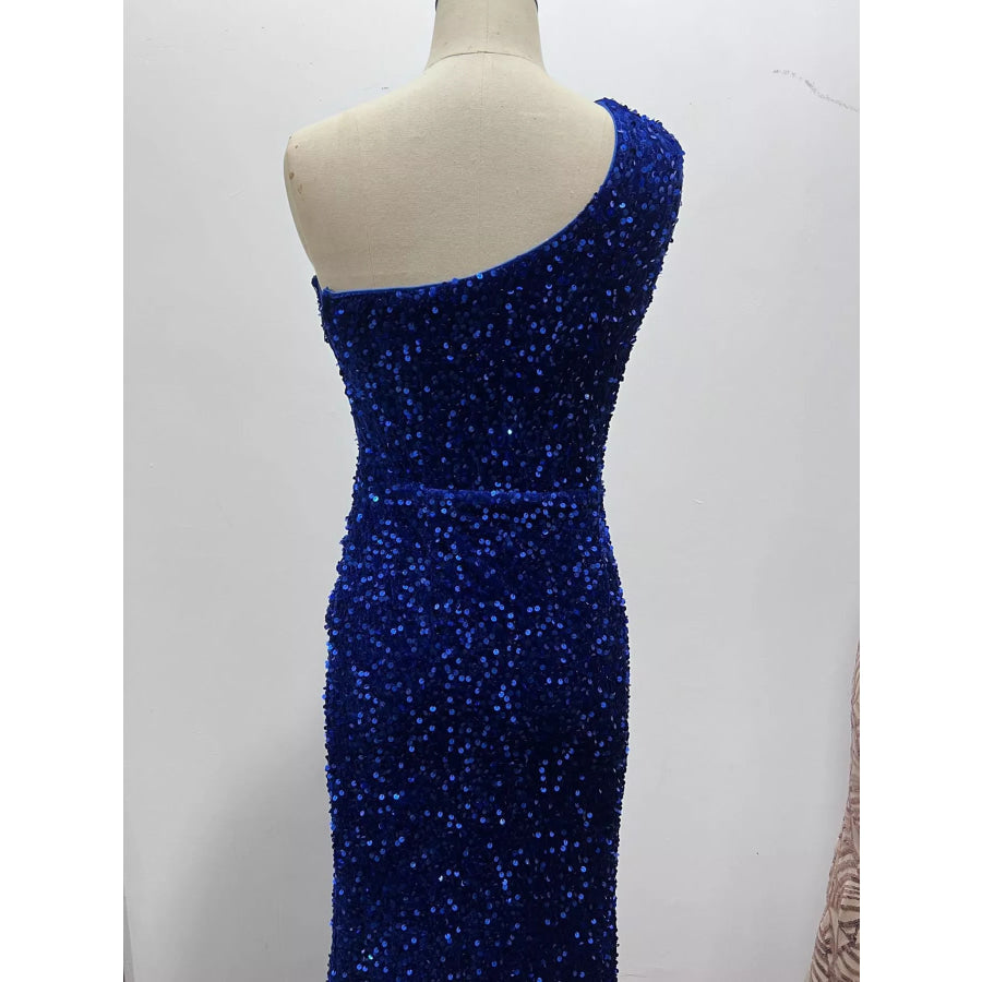 One-Shoulder Ruched Sequin High-Slit Evening Dress Apparel and Accessories