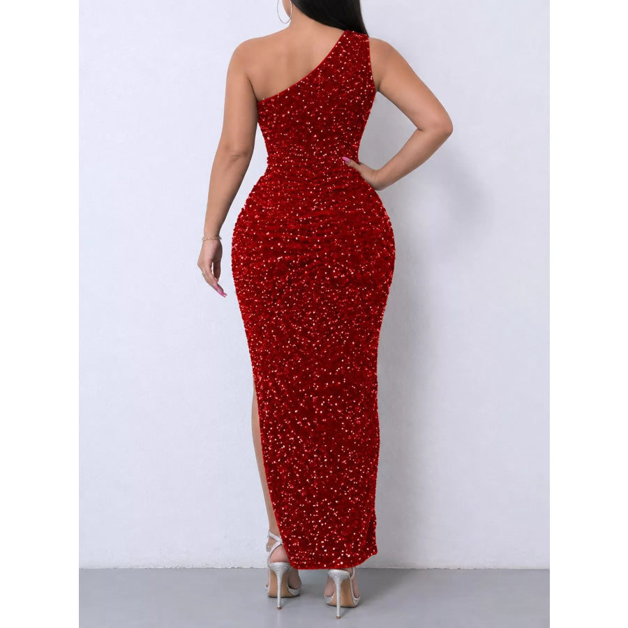 One-Shoulder Ruched Sequin High-Slit Evening Dress Apparel and Accessories