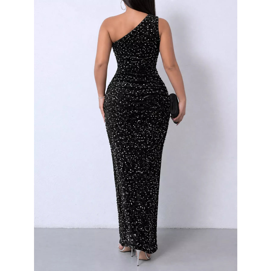 One-Shoulder Ruched Sequin High-Slit Evening Dress Apparel and Accessories