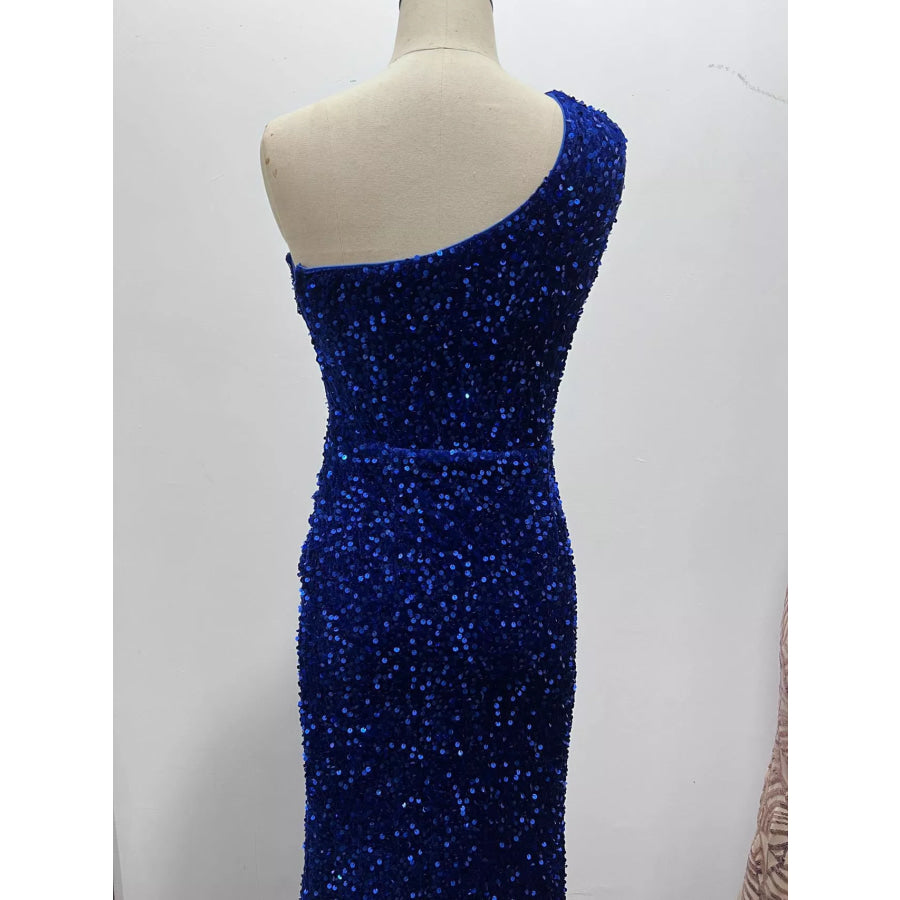 One-Shoulder Ruched Sequin High-Slit Evening Dress Apparel and Accessories