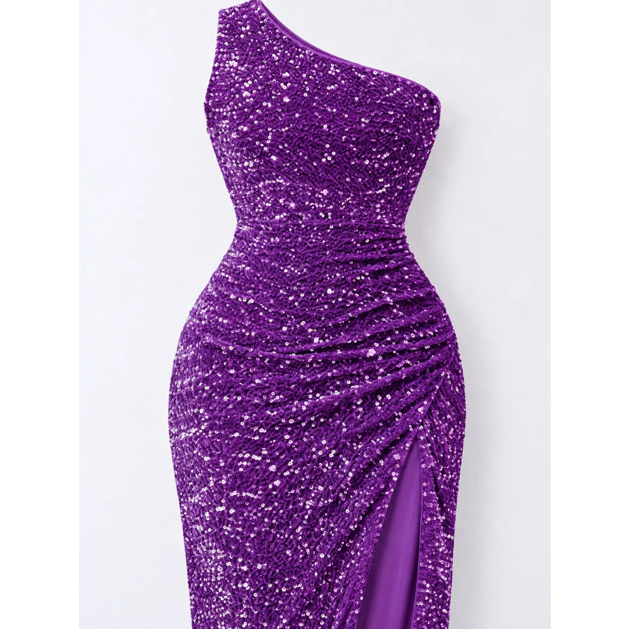One-Shoulder Ruched Sequin High-Slit Evening Dress Apparel and Accessories